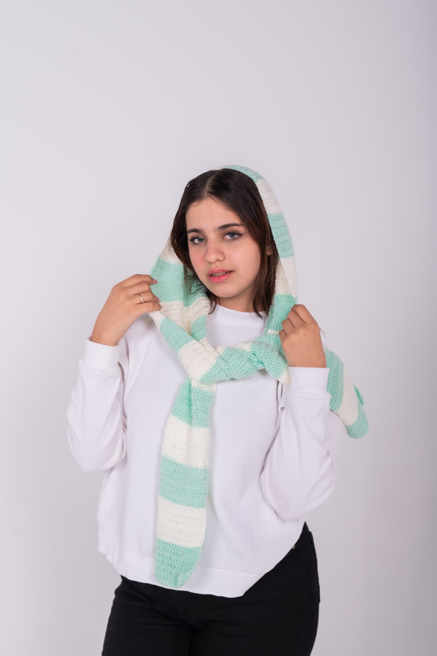 white & cyan scarf